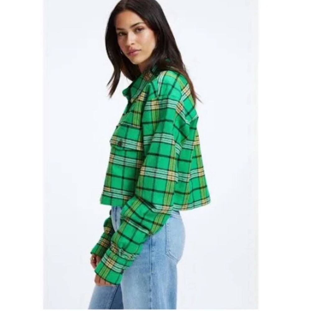 NWT Good American Cropped Tartan Jacket Top in Green and Black Plaid Size XS